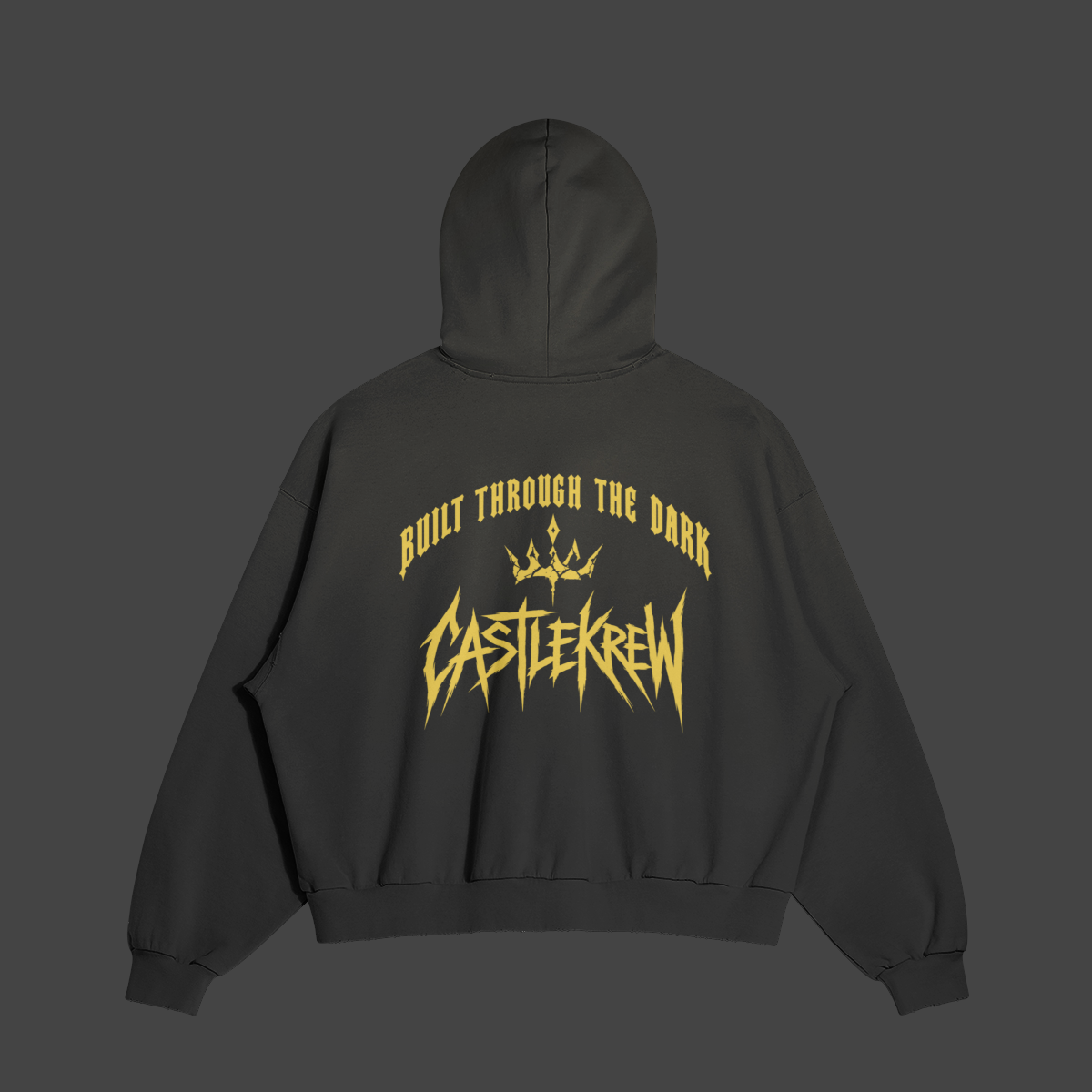 Built Through the Dark hoodie yellow back flat lay